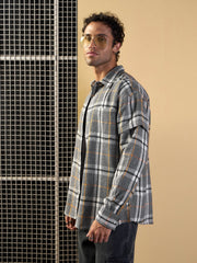 Men Grey & White Check Overlap Sleeves Oversize Shirt