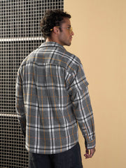 Men Grey & White Check Overlap Sleeves Oversize Shirt