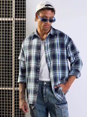 Men Blue & White Check Overlap Sleeves Oversize Shirt