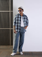 Men Blue & White Check Overlap Sleeves Oversize Shirt