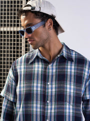 Men Blue & White Check Overlap Sleeves Oversize Shirt