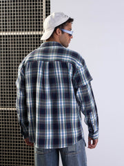 Men Blue & White Check Overlap Sleeves Oversize Shirt