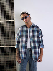 Men Blue & White Check Overlap Sleeves Oversize Shirt