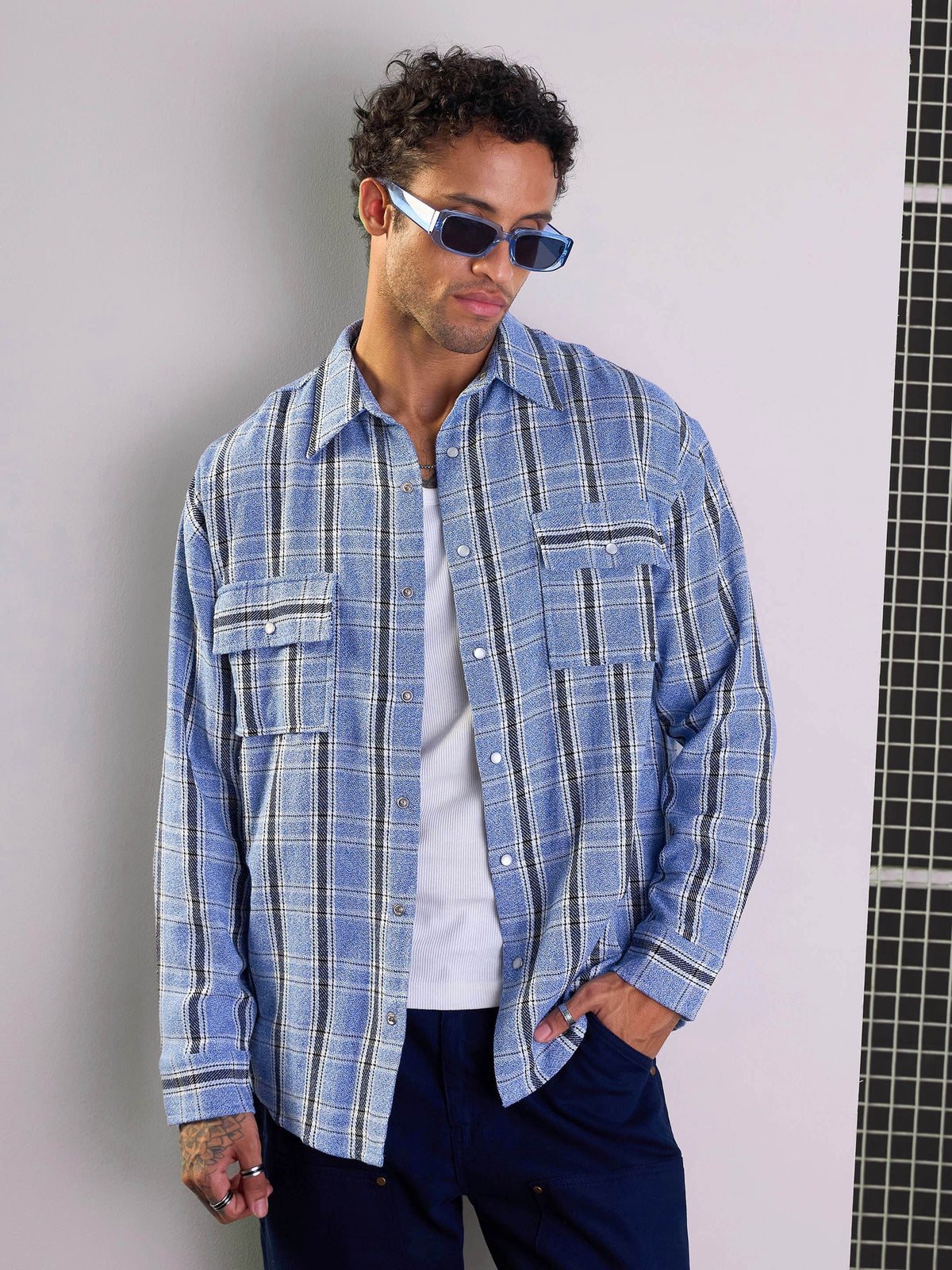 Men Blue & White Check Flap Pocket Oversize Shirt