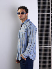 Men Blue & White Check Flap Pocket Oversize Shirt