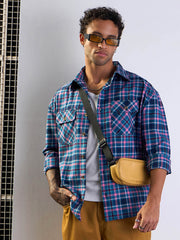 Men Blue & Pink Check Flap Pocket Oversize Shirt