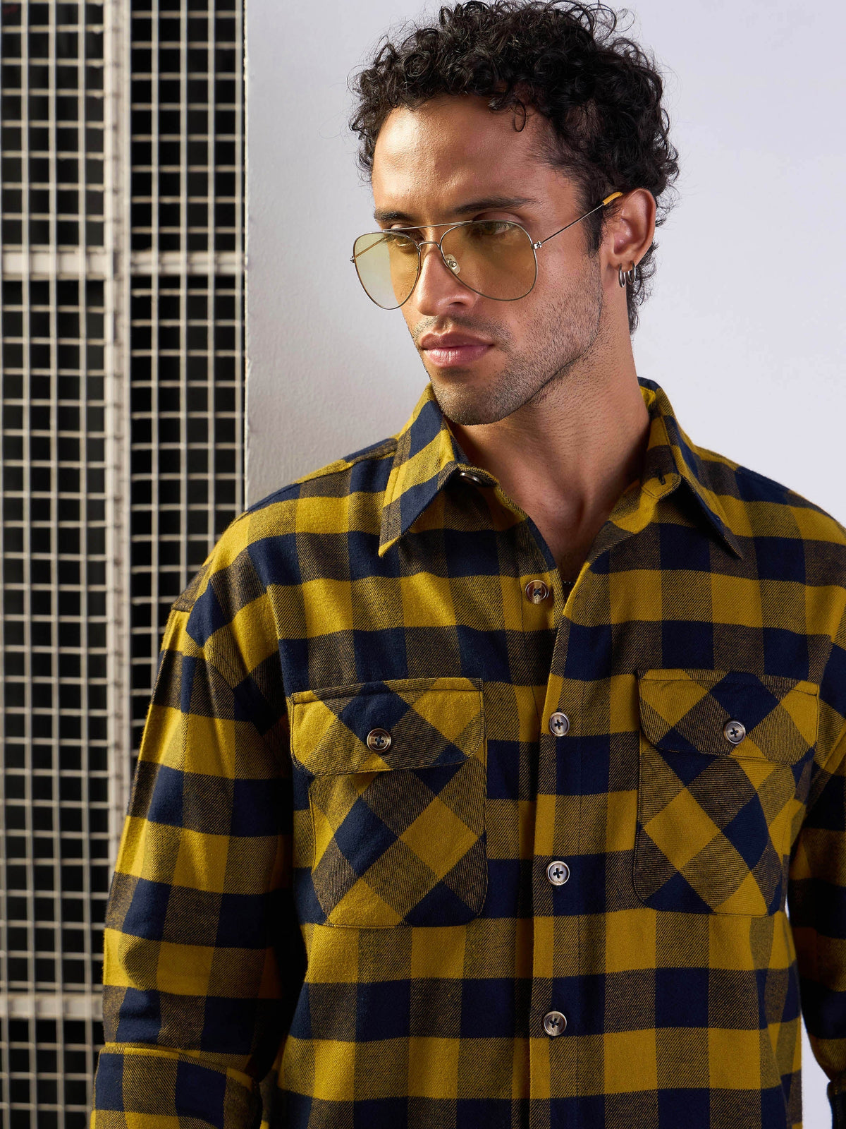 Men Mustard & Navy Check Flap Pocket Oversize Shirt