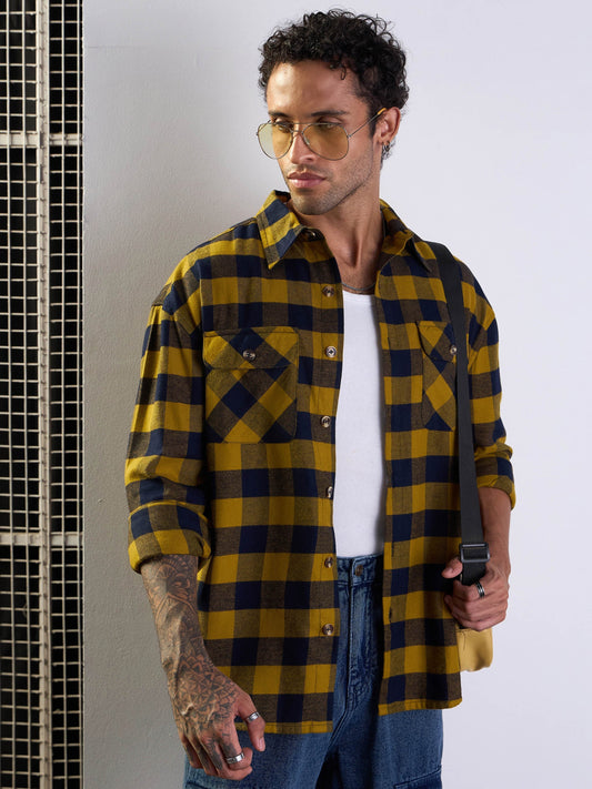 Men Mustard & Navy Check Flap Pocket Oversize Shirt