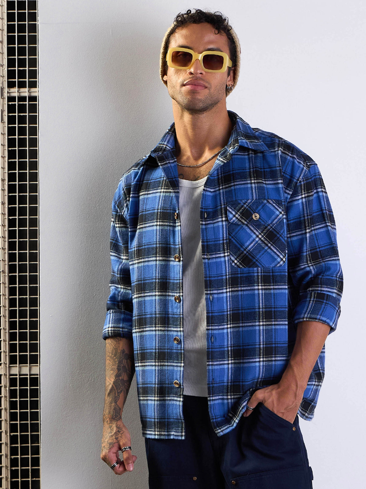 Men Blue & Black Check Oversize Shirt