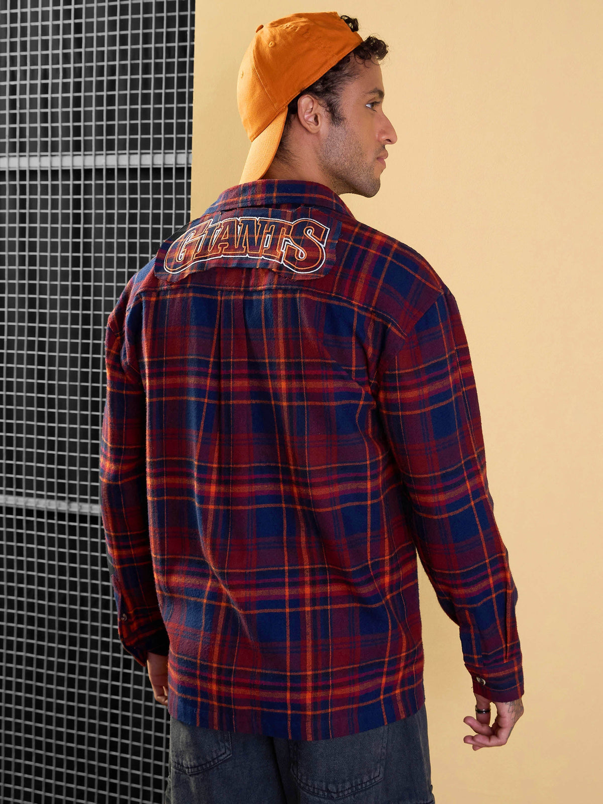 Men Rust & Blue Check GIANT Embroidery Oversize Shirt