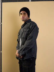 Men Black Washed Denim Oversize Shacket