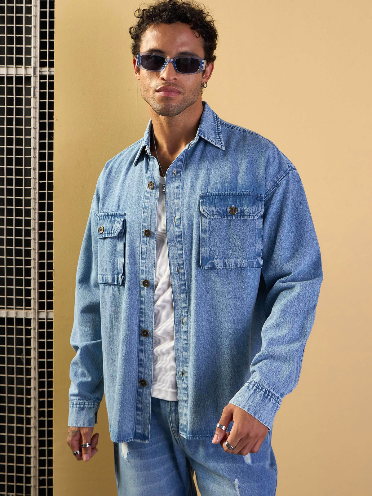 Men Blue Washed Denim Oversize Shacket