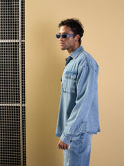 Men Blue Washed Denim Oversize Shacket