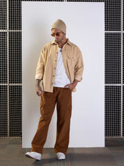 Men Beige Corduroy Side Pocket Shacket