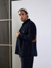 Men Navy Corduroy Elbow Patch Oversize Shirt