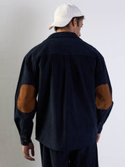 Men Navy Corduroy Elbow Patch Oversize Shirt