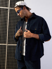 Men Navy Corduroy Elbow Patch Oversize Shirt