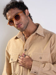 Men Beige Corduroy Elbow Patch Oversize Shirt