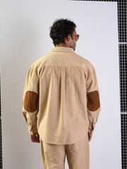 Men Beige Corduroy Elbow Patch Oversize Shirt