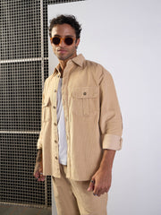 Men Beige Corduroy Elbow Patch Oversize Shirt