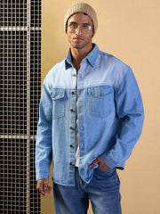 Men Light Blue Color Block Oversize Shacket