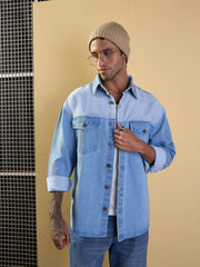 Men Light Blue Color Block Oversize Shacket