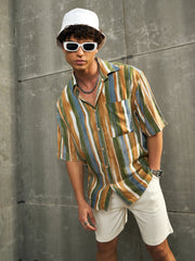 Men Brown & Green Stripe Paint Relax Fit Shirt