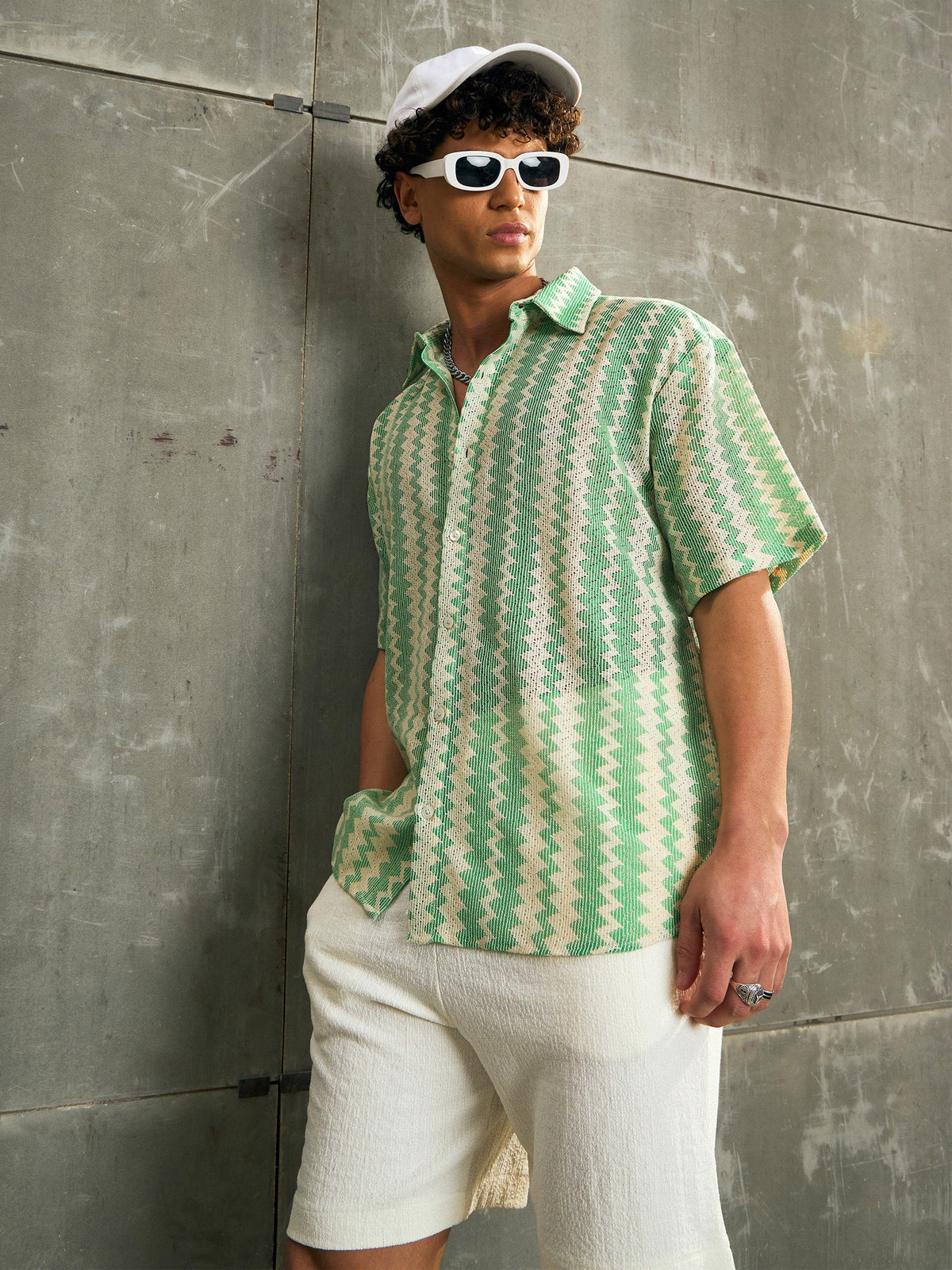 Men Beige & Green Geometric Printed Relax Fit Shirt