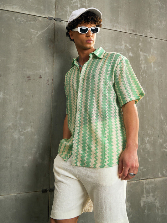 Men Beige & Green Geometric Printed Relax Fit Shirt