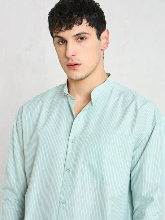 Men Green & White Stripes Mandarin Collar Relax Fit Shirt