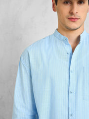 Men Blue & White Stripes Mandarin Collar Relax Fit Shirt
