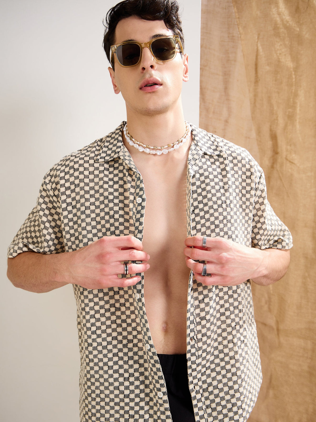 Men Beige & Black Textured Check V-Neck Collar Crochet Shirt