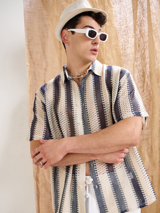 Men Beige & Navy Blue Stripes Relax Fit Crochet Shirt