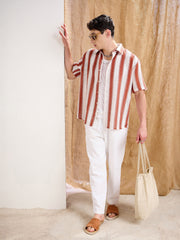 Men White & Rust Stripes Relax Fit Crochet Shirt