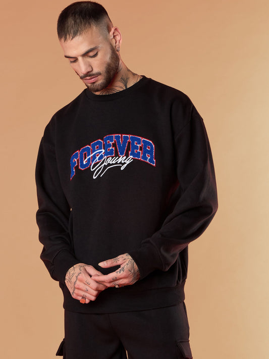 Men Black FOREVER YOUNG Embroidery Oversize Sweatshirt