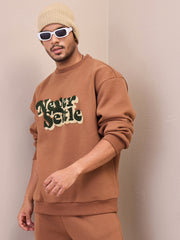 Men Brown NEVER SETTLE Embroidery Oversize Sweatshirt