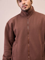 Men Dark Brown Front Zipper Oversize Sweatshirt