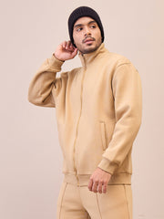 Men Beige Front Zipper Oversize Sweatshirt