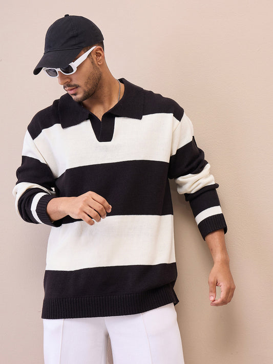 Men Unisex Black & Off White Collar Neck Oversize Sweater