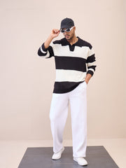 Men Unisex Black & Off White Collar Neck Oversize Sweater