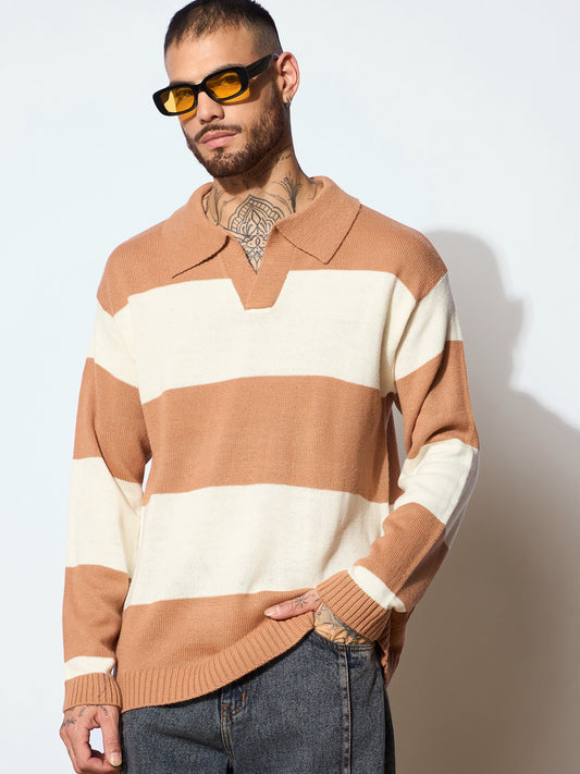 Men Unisex Beige & Off White Collar Neck Oversize Sweater