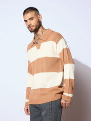 Men Unisex Beige & Off White Collar Neck Oversize Sweater