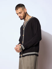 Men Unisex Black & Off White Front Button Cardigan