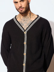 Men Unisex Black & Off White Front Button Cardigan