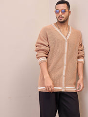 Men Unisex Beige & Off White Front Button Cardigan