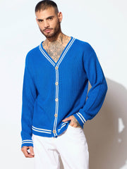 Men Unisex Blue & White Front Button Cardigan