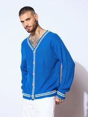 Men Unisex Blue & White Front Button Cardigan