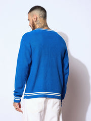 Men Unisex Blue & White Front Button Cardigan