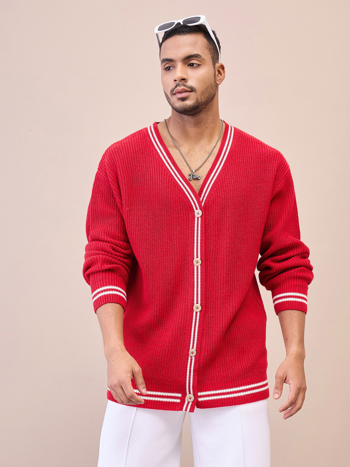 Men Unisex Red & Off White Front Button Cardigan