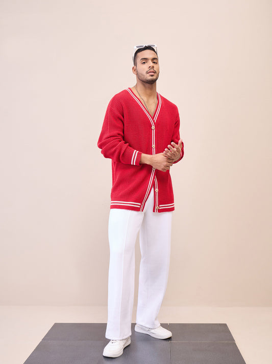 Men Unisex Red & Off White Front Button Cardigan